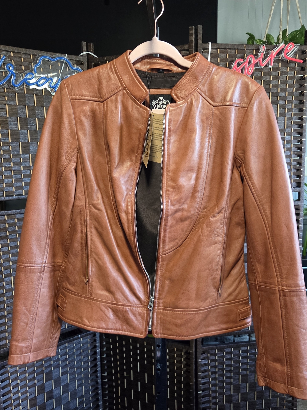 Women's Tan Leather Zip-Front Jacket